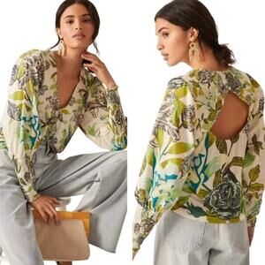 Anthropologie x Bl^nk London Green Zlovia Floral Open Back Blouse